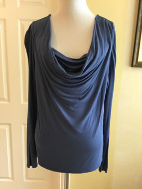 BLACK Saks Fifth Avenue Navy Blue Draped Cowl Neck Long Sleeve Stretch Knit Top